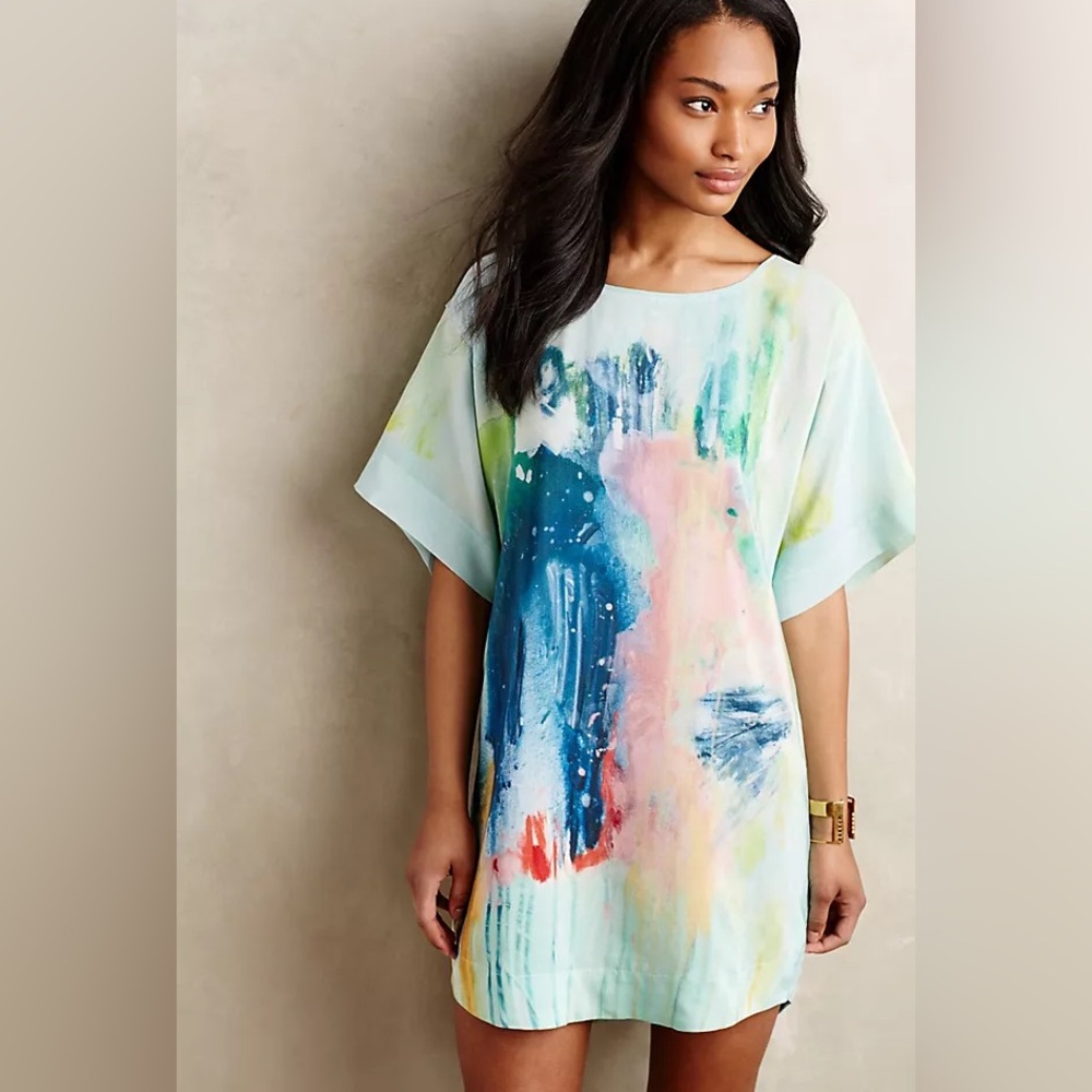Anthropologie Green Blue Dolman Sleeve Mini Dress